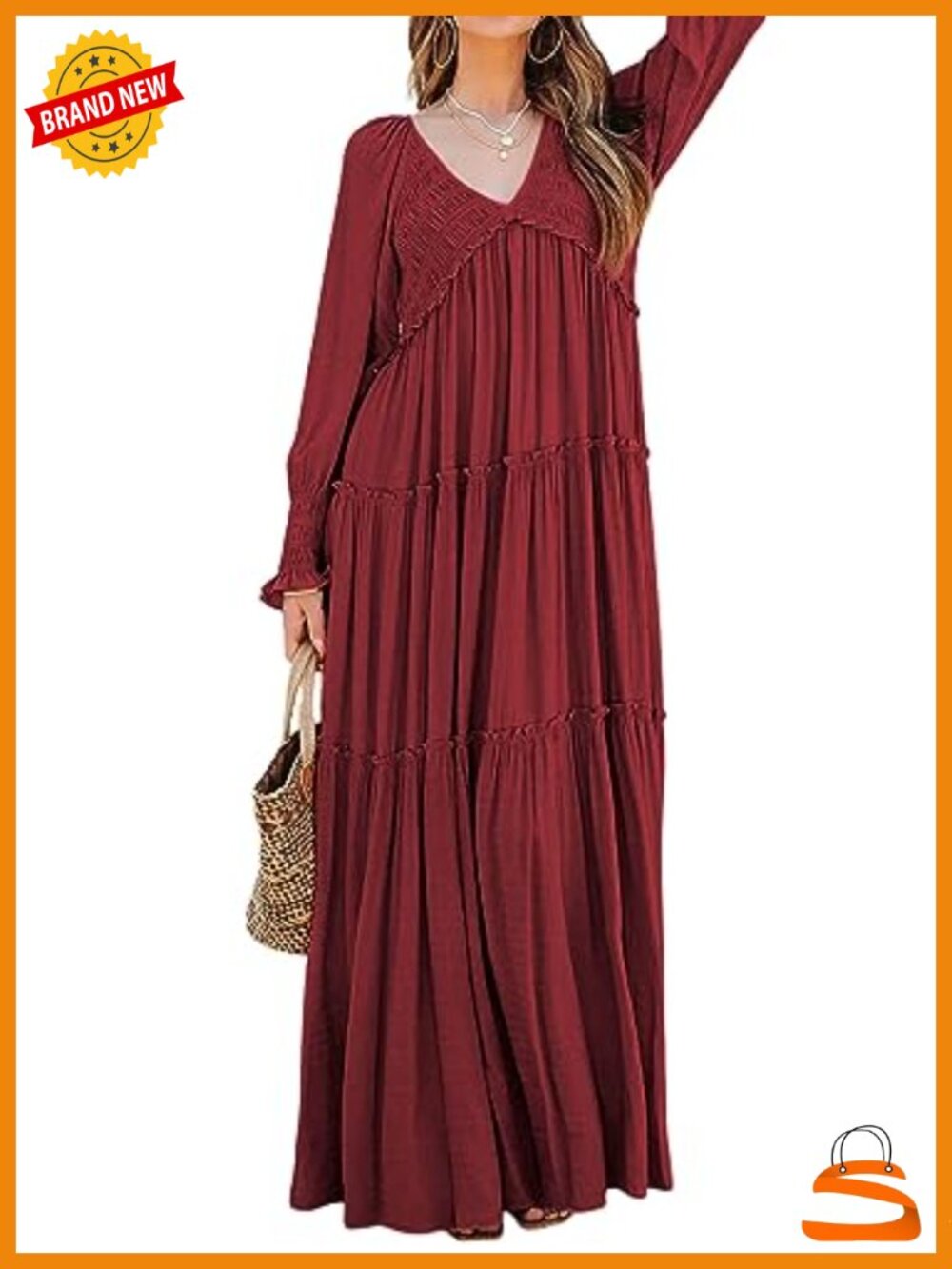 Womens Flowy Maxi Dress Long Sleeve V Neck Boho Casual